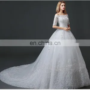 HS1629 2017 Luxury Off-shoulder Long Train Lace Appliqued Puffy Wedding Gowns thumbnail-6