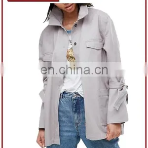 Factory OEM Women Lightweight Cotton Jacket With Tie Sleeve Detail thumbnail-1