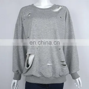 Ladies Sweatshirts Hole Cut Out Distressed Batwing Sleeve Sweater Sweatshirt thumbnail-2
