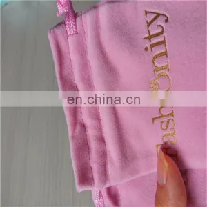 Cheaper ! Custom Size Pink Drawstring Double Face Gold Logo Foil Velvet Packaging Bags thumbnail-1