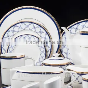 16pcs Blue Fabric Bone China Dinnerware Set, Embossed With Gold Design thumbnail-1
