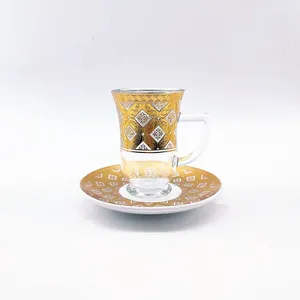 Gold Color 6 Pcs Cawa Cup of Clear Glass Arabic Tea Cup Sets thumbnail-5