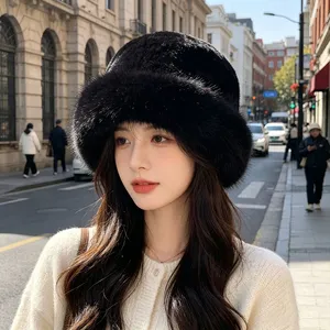 Women Winter Faux Fur Beanie Hat Fluffy Knitted Faux Fox Fur Style Warm Domed Ski Cap Luxury Plush Brim Winter Hats for Ladies thumbnail-3