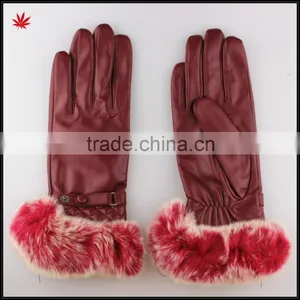 Rabbit Fur Trim Leather Gloves for Women Genuine Fur thumbnail-3