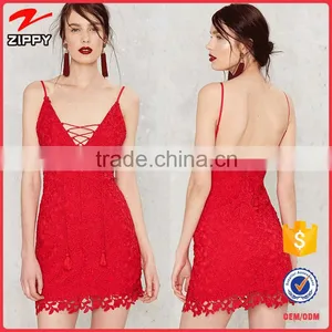 2016 OEM Service Sexy Cotton Tassel Backless Red Crochet Mini Dresses thumbnail-1