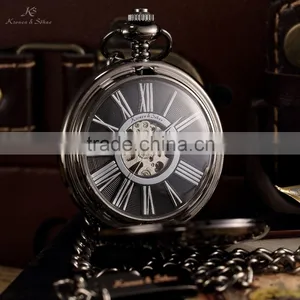 KS Antique Black Skeleton Dial Analog Hand Wind Men FOB Mechanical Pocket Watch thumbnail-1