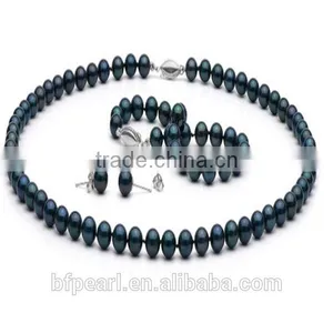 6.5-7mm Black Pearl Beaded Jewelry Necklace Bracelet and Earrings Set thumbnail-1
