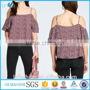 2017 Tunic Tops Cold Shoulder Rayon Printing Short Sleeve Women's Summer Tops thumbnail-1