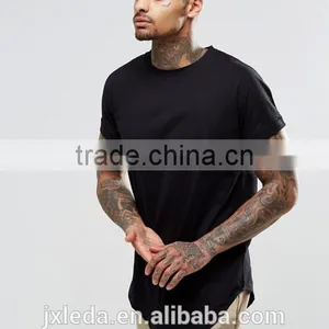 Men Summer 100% Cotton Jersey Asymetric Hem Plain Crew Neck Black T-shirt Wholesale OEM Suppliers thumbnail-1