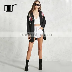 High Quality Windproof Blcak Embroidered Floral Hoodie Womens Long Jackets thumbnail-1