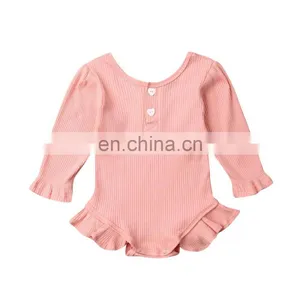 Multi Colors Long Sleeve Ruffle Baby Romper Solid Cotton Rib Jumpsuit for Babies thumbnail-3