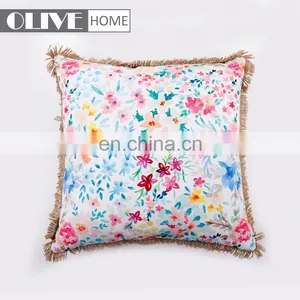 Home Decor Colorful Flower Printed Outdoor Pillow Cushion With Tassels Trimmings thumbnail-1