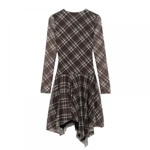 European and American Women's Fashion Checkered Pleated Chiffon Irregular Long-sleeved Dress and Short Skirt thumbnail-1