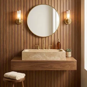 Travertine Marble Easy Clean Rectangular Countertop Vessel Sink Factory Direct Wholesale Hand Wash Basin OEM ODM for Hotel thumbnail-5