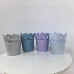 Pastel Color Metal Flower Pots, Butterfly Hollow, Cut Lace Rim Metal Planter Buckets for Home Garden Tabletop Decor thumbnail-1
