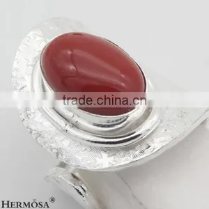 Adjustable Genuine Oval Spark Red Coral 925 Sterling Silver Lady Gift Ring thumbnail-1