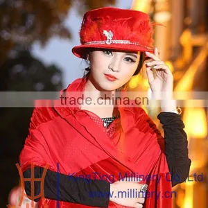 Ladies Red Fancy Church Hat Elegant Feather Hat Winter Velvet Hat Party Hat thumbnail-1