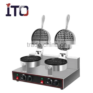 ITO-WM02 220V Table Counter Top Dual Round Head Stainless Steel Automatic Electric Commercial Waffle Baker for Sale thumbnail-1