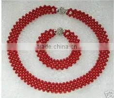 Wholesale 17" 4mm Red Round Coral Beads Necklace Jewelry Set thumbnail-1