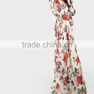 Women Clothing/women Dresses/Rose Print Cuffed Long Sleeve Belted Wrap Dress thumbnail-4