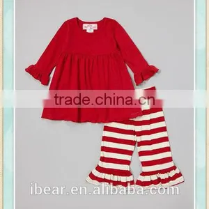 Infant Toddler 2017 Boutique Clothing Girl's Valentine Day Clothing Children's Wine & Cream Dress Stripe Ruffle Pants Sets thumbnail-1