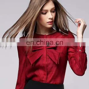 Fashion Red Color Bowknot Round Neck Lond Sleeves Office Lady Linen Shirt Blouse thumbnail-5