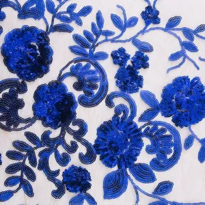 Cheap Wholesale Glitter Blue Fringe Flower Sequin Lace Fabric thumbnail-1
