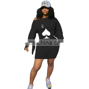 Long Sleeve Dresses Women Fashion 2021 Poker Print One Shoulder Solid Mini Woman Dress Casual Streetwear Plus Size Vestidos thumbnail-3