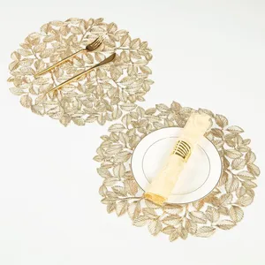 Flower Hollow Metallic Placemats Set of 6 Gold Leaf Round Placemats Non-Slip Wipeable Table Mats for Dinner,Party,Wedding Accent Centerpiece thumbnail-1
