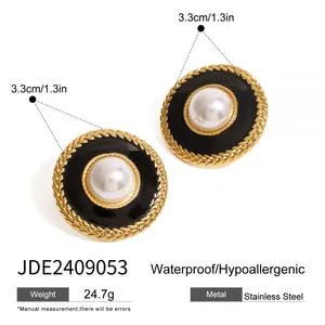 Vintage Stainless Steel Black Stone Stud Earrings Gold Plated Geometric Pearl Earrings Set Women Fashion Jewelry thumbnail-1