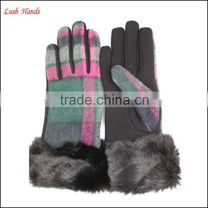 Warm Plaid Woolen Gloves With Fur Cuff for Women thumbnail-3