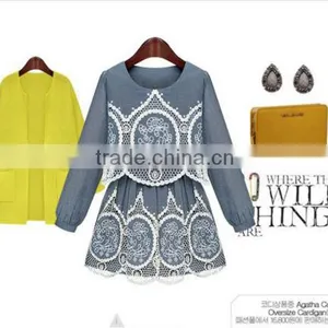 2015 Fashion High Quality New Arrival Hot Sale New Ladies Denim Hollow Out Dress Crochet Lace Pattern Denim Dress thumbnail-4