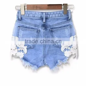Lace Floral Beading Shorts Wash Rivet Decorated Girls Jeans Pants thumbnail-6