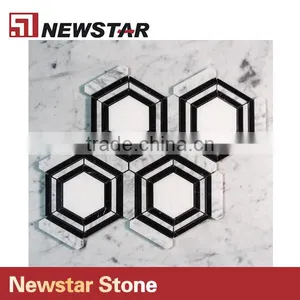 Newstar Polished Italian Black and White Marble Hexagon Mosaic Patterns Tile thumbnail-2