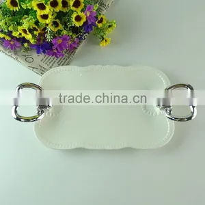 Stock Square White Porcelain Fruit Plate With Sliver Handle, Cheap Dinner Plate , Home Plate thumbnail-2
