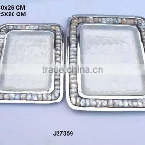 Cast Aluminum Rectangular Tray With Food Safe Enamel and Mother of Pearl Mosaic Border thumbnail-1