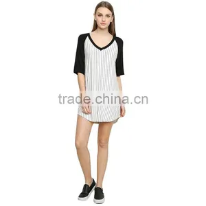 Girl's v Neck Long Vertical Stripe Black and White Long T-shirt Vertical Stripe thumbnail-3