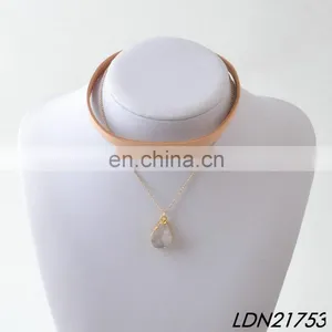 Natural Druzy Stone Pendant Necklace Jewelry Brown Suede Leather Choker Necklace Sets thumbnail-1