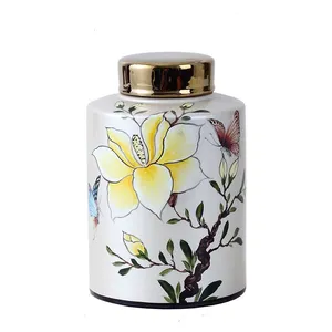 Chinese New Style Entery Luxury Yellow Butterfly And Flower Painting Ceramic Vases With Lid For Home Decoration thumbnail-1