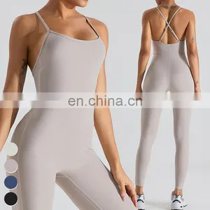 Cross Back Sleeveless Adjustable Straps Playsuits Custom Workout Bodysuit Gym Fitness Jumpsuits Women One Piece Yoga Jumpsuit thumbnail-4
