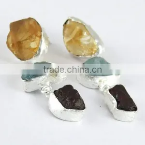 Designer Rough Citrine & Aquamarine & Garnet Silver Earring, Gemstone Silver Jewelry, Handmade Silver Jewelry thumbnail-3