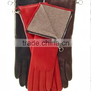 Ladies Wool Lining Long Wrist Color Leather Hand Gloves With Zipper thumbnail-1