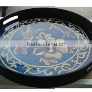 Best Selling Eco-friendly Blue Lacquer Round Wood Serving Tray thumbnail-1