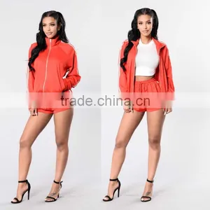 Export Clothes 100% Polyester Ribbed Hemline Sporty Stripe Sleeves Zip Up Sports Jacket With Shorts Suits thumbnail-1