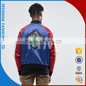Amazing Quality OEM White Red Denim Combination Bomber Jacket thumbnail-3