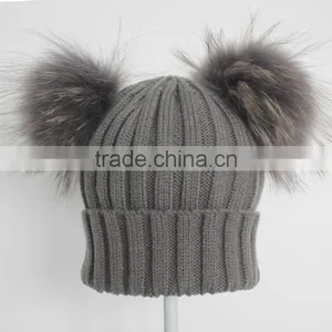 Myfur Dark Grey Wool Knitting Hat With Detachable Raccoon Fur Pom Poms thumbnail-3