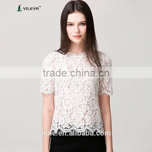 Latest Summer Loose Casual White Fashion Crochet Lace Blouse for Middle Aged Women thumbnail-1