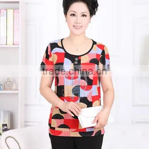 2017 New Middle-aged Women's Ice-silk Round Neck T-shirt Single Large Size Mother Loaded Short-sleeved Shirt thumbnail-4