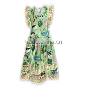 CH00282YIWU BOYA Cotton Milk Silk Ruffle Dress Kids Clothes Green Farm Dress Prints Wearing Boutique Dresses thumbnail-1