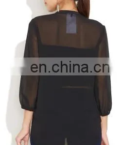 Sexy Trendy High Fashion Stylish Black Chiffon 3/4 Sleeve Embroidered Neck Detailing In Front Top Tunic Blouse Dress For Women thumbnail-3